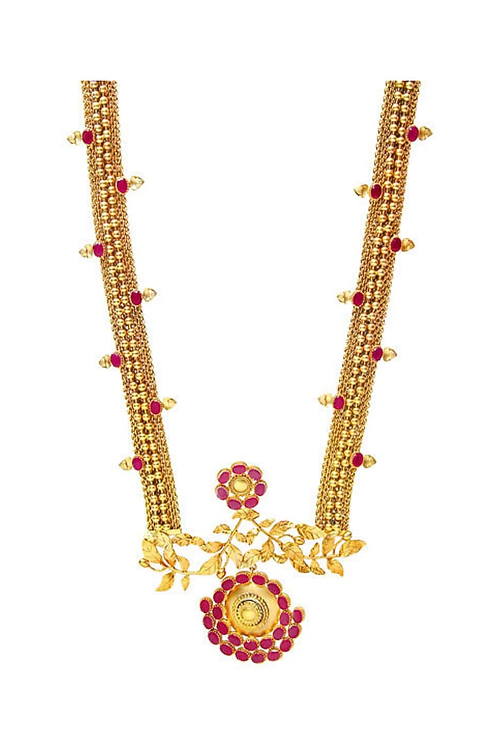 Gold Finish Pink Crystal Mesh Long Necklace by Suhani Pittie at Pernia's Pop Up Shop