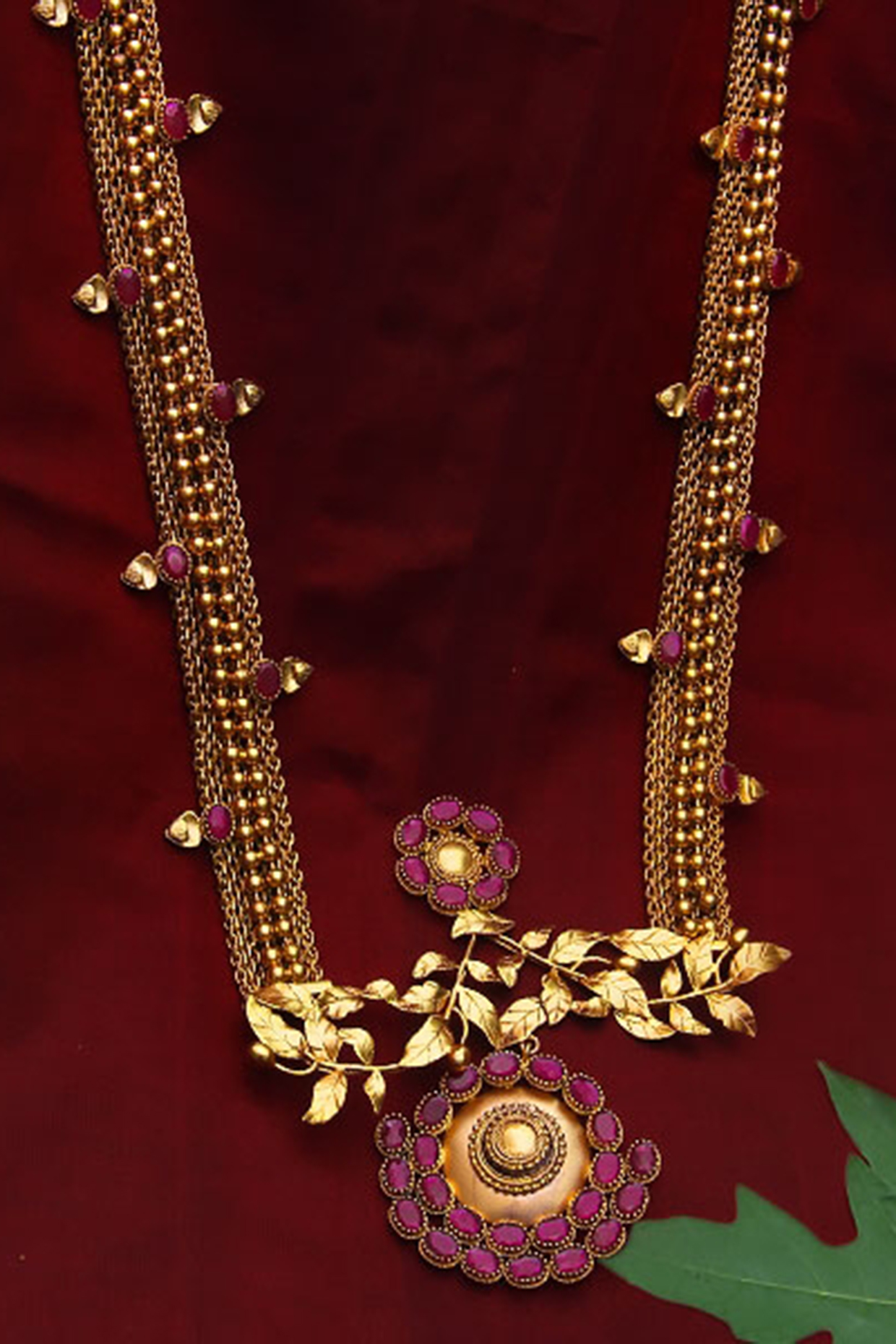 Gold Finish Pink Crystal Mesh Long Necklace by Suhani Pittie at Pernia's Pop Up Shop