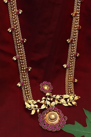 Gold Finish Pink Crystal Mesh Long Necklace by Suhani Pittie