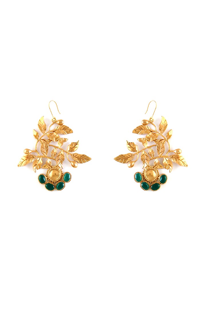 Gold Finish Green Crystal Drop Earrings by Suhani Pittie at Pernia's Pop Up Shop