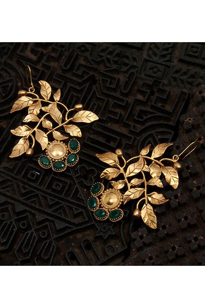 Gold Finish Green Crystal Drop Earrings by Suhani Pittie at Pernia's Pop Up Shop
