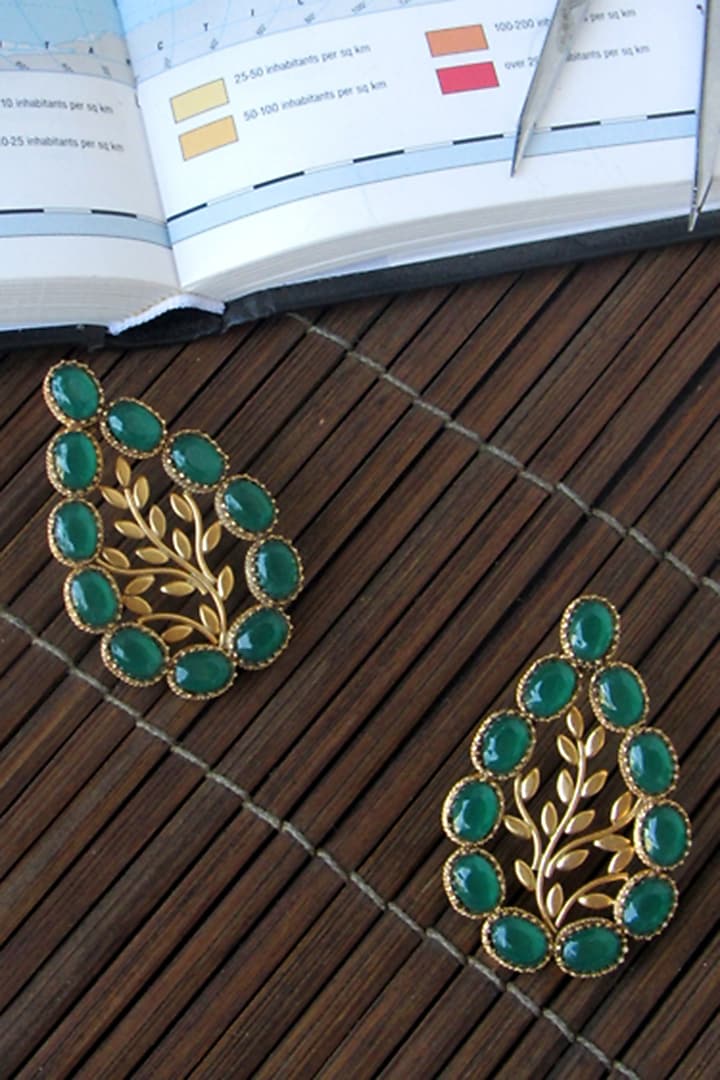 Gold Finish Green Crystal Drop Earrings by Suhani Pittie at Pernia's Pop Up Shop