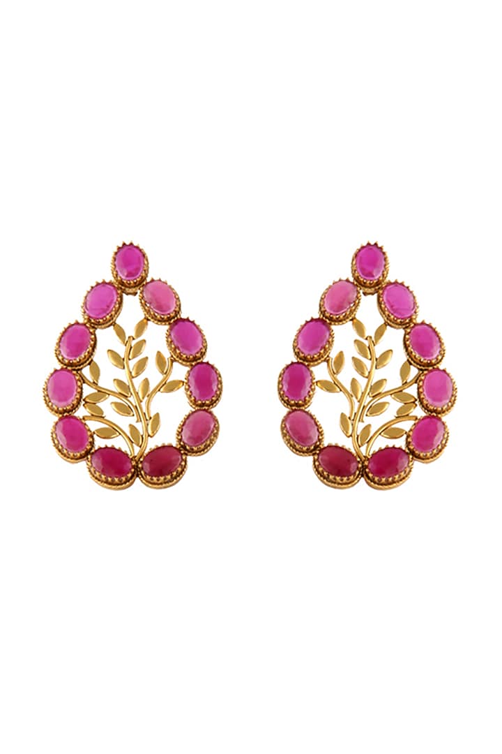 Gold Finish Pink Crystal Drop Earrings by Suhani Pittie at Pernia's Pop Up Shop