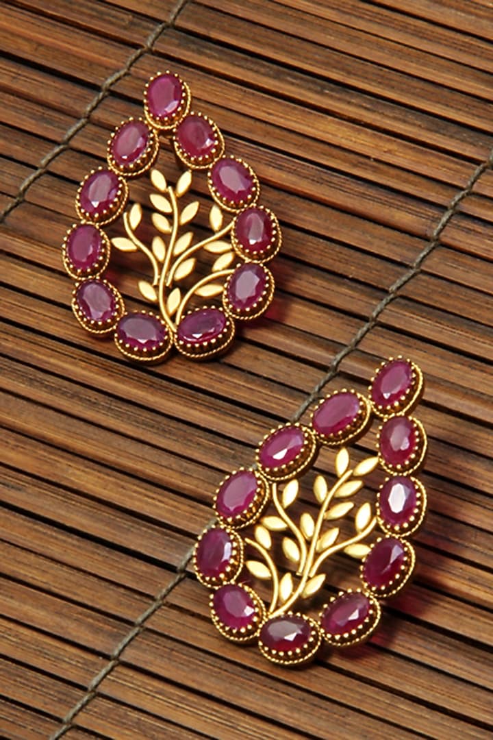 Gold Finish Pink Crystal Drop Earrings by Suhani Pittie at Pernia's Pop Up Shop