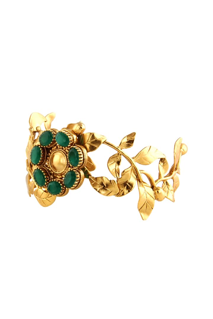 Gold Finish Green Crystal Rose Vine Cuff by Suhani Pittie at Pernia's Pop Up Shop