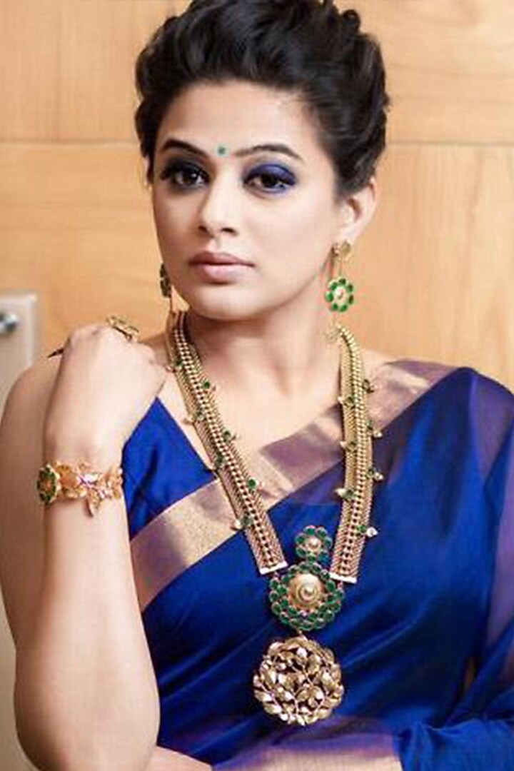 Gold Finish Green Crystal Rose Vine Cuff by Suhani Pittie at Pernia's Pop Up Shop
