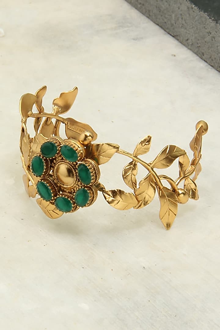 Gold Finish Green Crystal Rose Vine Cuff by Suhani Pittie at Pernia's Pop Up Shop
