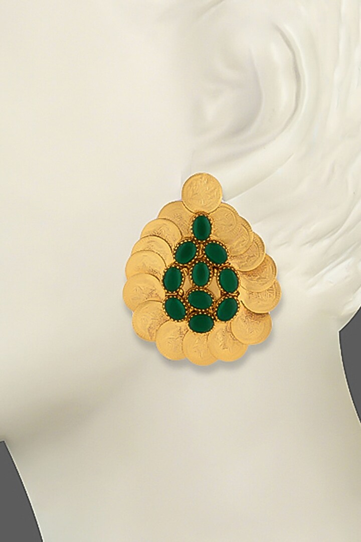 Gold Plated Ruby Green Crystal & Coin Temple Stud Earrings by Suhani Pittie at Pernia's Pop Up Shop