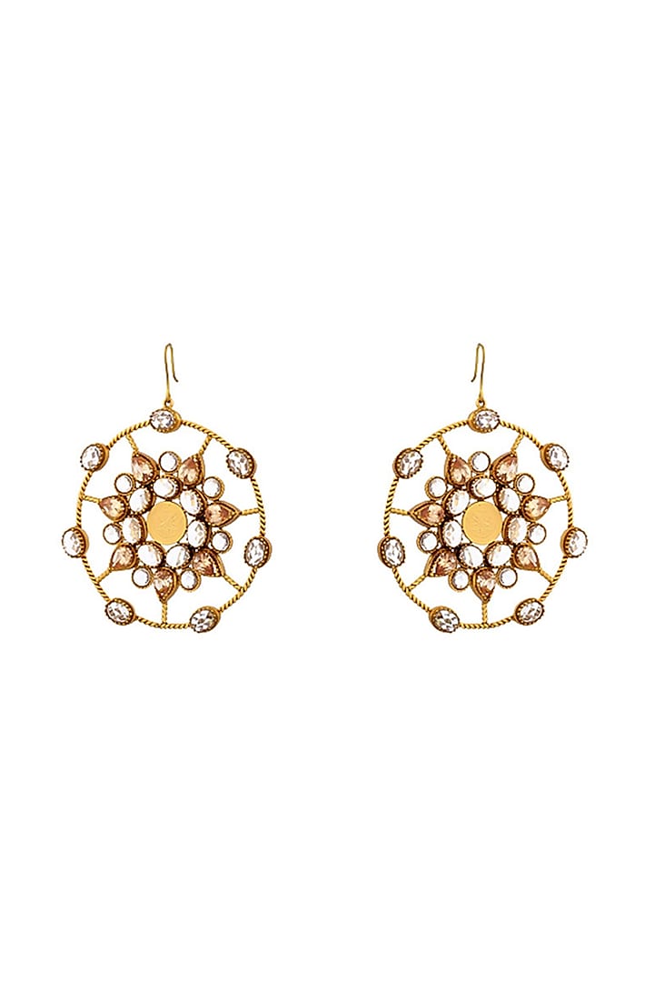 Gold Plated White Crystal Temple Dangler Earrings by Suhani Pittie at Pernia's Pop Up Shop