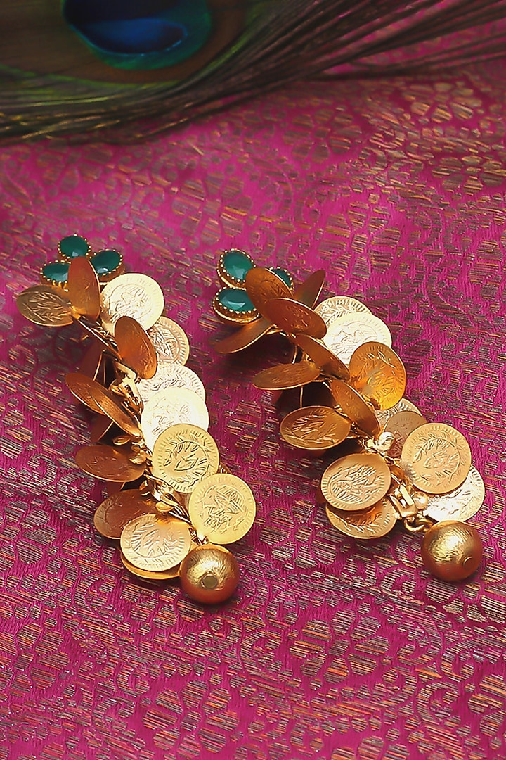 Gold Plated Green Crystal & Coin Temple Dangler Earrings by Suhani Pittie at Pernia's Pop Up Shop