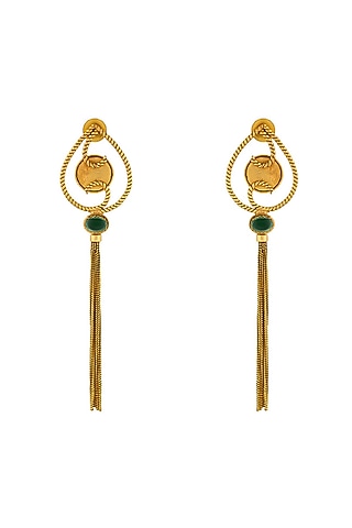 Gold Plated Green Crystal & Tassel Temple Dangler Earrings by Suhani Pittie