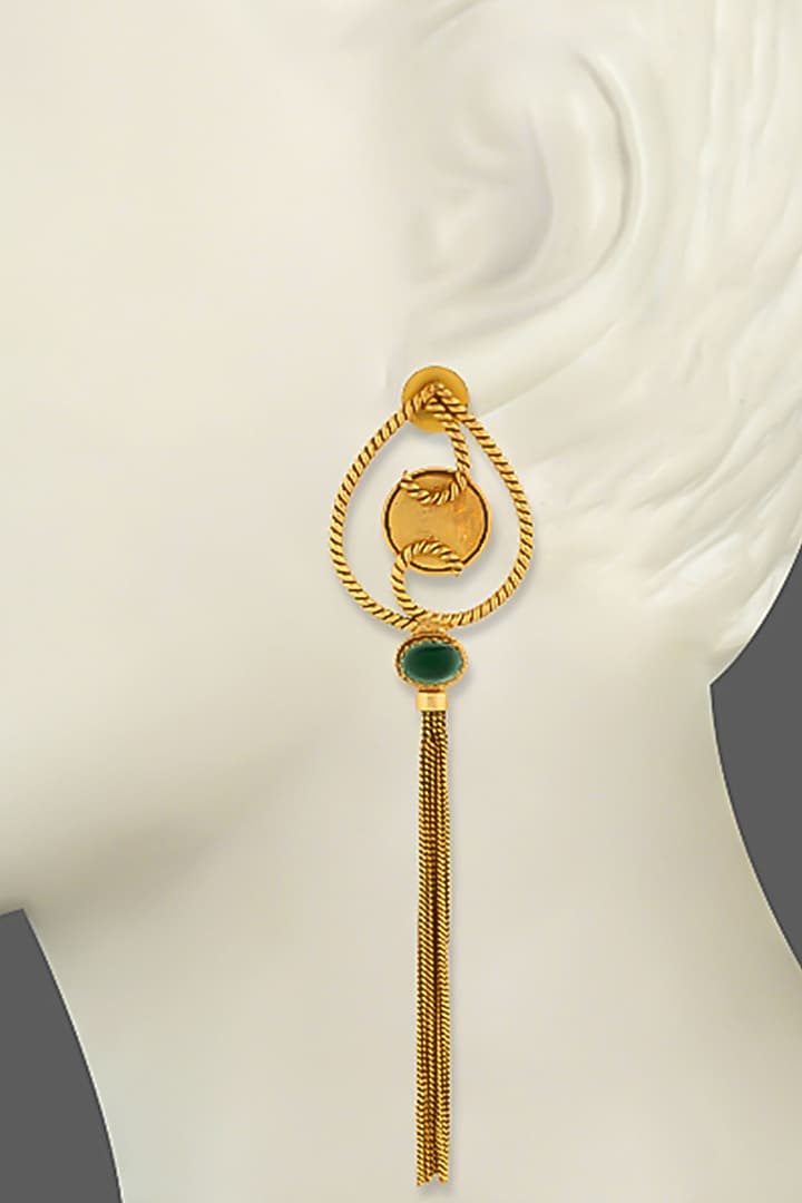 Gold Plated Green Crystal & Tassel Temple Dangler Earrings by Suhani Pittie at Pernia's Pop Up Shop