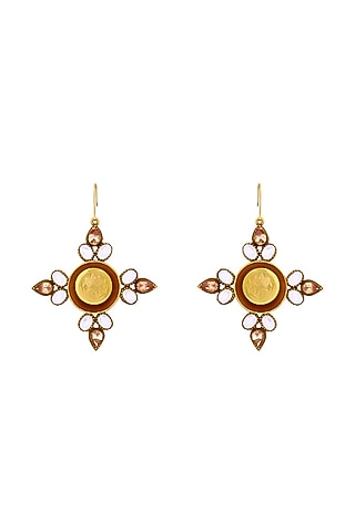 Gold Plated Pink Crystal Temple Dangler Earrings by Suhani Pittie
