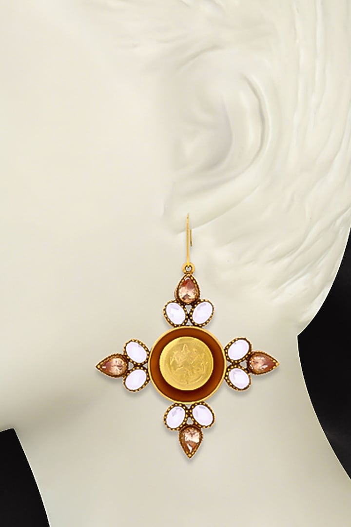 Gold Plated Pink Crystal Temple Dangler Earrings by Suhani Pittie at Pernia's Pop Up Shop