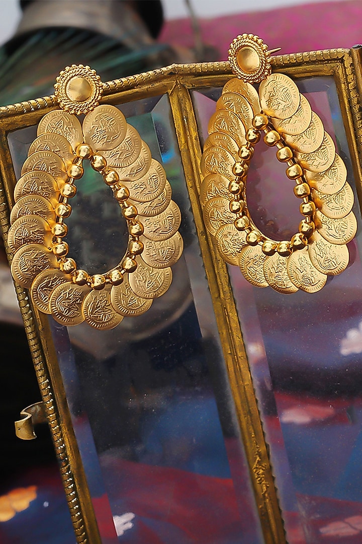 Gold Plated Beaten Coin Temple Dangler Earrings by Suhani Pittie at Pernia's Pop Up Shop