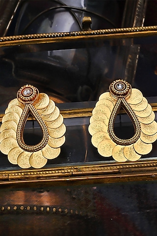 Gold Plated Crystal & Coin Temple Dangler Earrings by Suhani Pittie