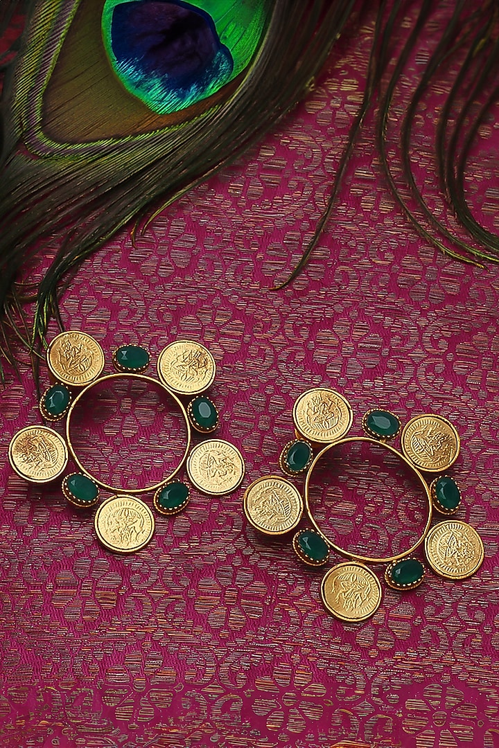 Gold Plated Green Crystal & Coin Temple Hoop Earrings by Suhani Pittie at Pernia's Pop Up Shop