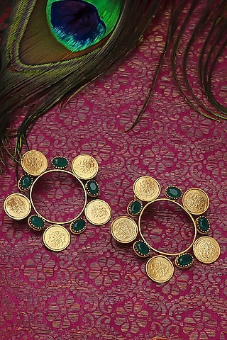 Gold Plated Green Crystal & Coin Temple Hoop Earrings by Suhani Pittie