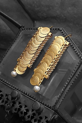 Gold Finish Coin & Pearl Temple Dangler Earrings by Suhani Pittie