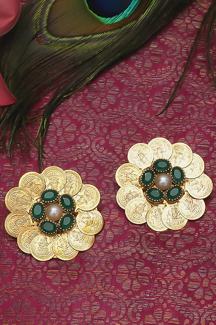 Gold Plated Green Crystals & Coin Temple Stud Earrings by Suhani Pittie at Pernia's Pop Up Shop