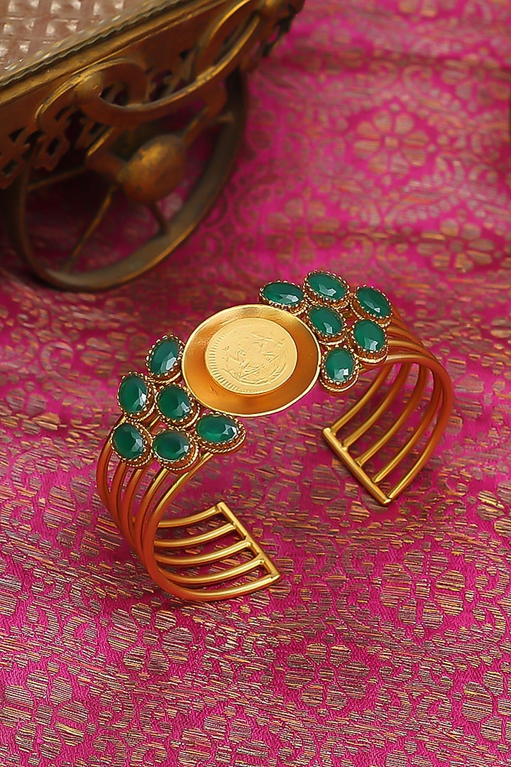 Gold Plated Green Crystal & Coin Temple Handcuff by Suhani Pittie at Pernia's Pop Up Shop