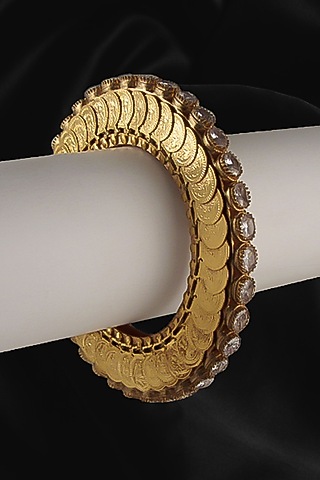Gold Plated White Crystal Temple Halo Bangle by Suhani Pittie