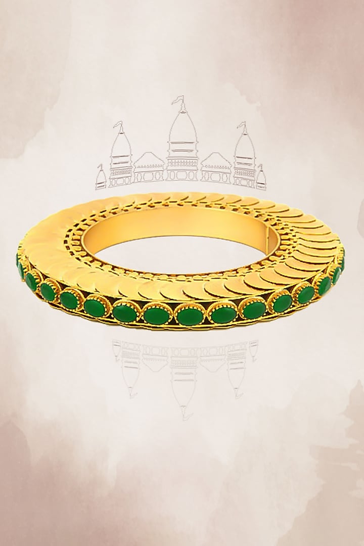 Gold Plated Coin & Emerald Green Crystal Temple Bangle by Suhani Pittie