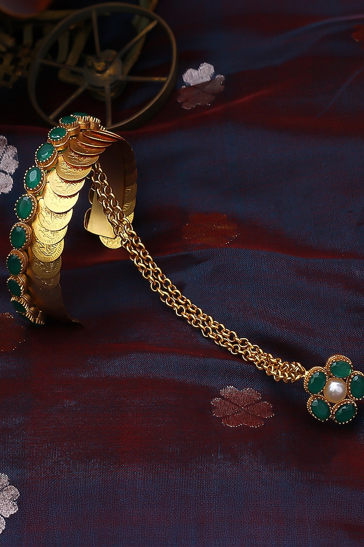 Gold Plated Coin & Emerald Green Crystal Hathphool by Suhani Pittie at Pernia's Pop Up Shop