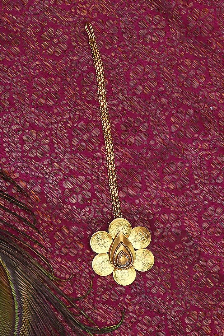 Gold Plated Coin & Crystal Temple Floral Maangtikka by Suhani Pittie at Pernia's Pop Up Shop