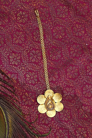 Gold Plated Coin & Crystal Temple Floral Maangtikka by Suhani Pittie