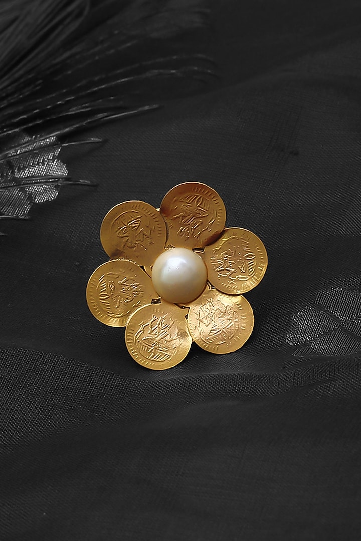 Gold Plated Coin & Pearl Temple Floral Ring by Suhani Pittie at Pernia's Pop Up Shop