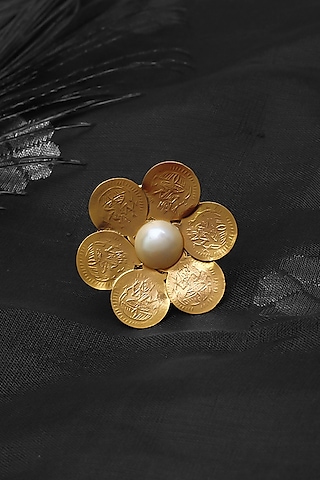 Gold Plated Coin & Pearl Temple Floral Ring by Suhani Pittie