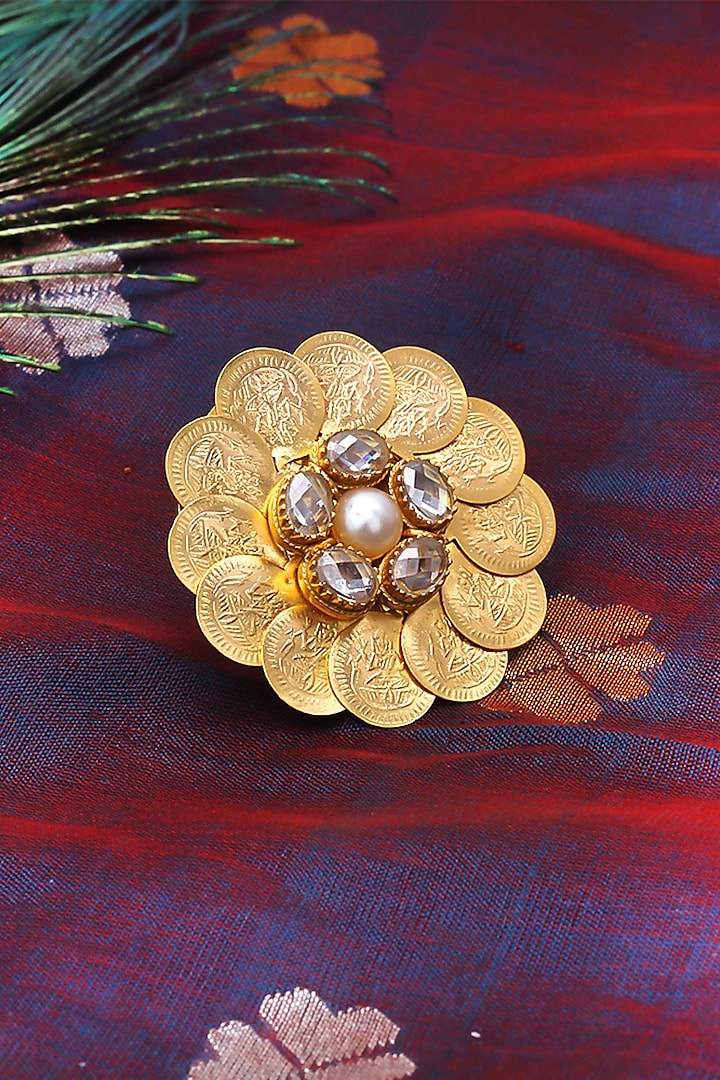 Gold Plated Embossed Coin & Pearl Temple Floral Ring by Suhani Pittie at Pernia's Pop Up Shop