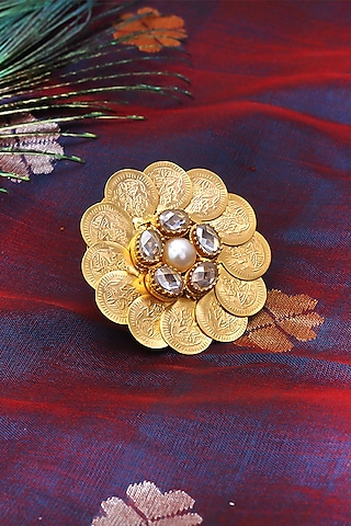 Gold Plated Embossed Coin & Pearl Temple Floral Ring by Suhani Pittie