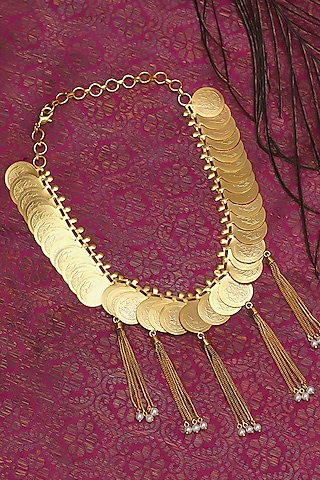 Gold Plated Coin & Pearl Fringe Temple Necklace by Suhani Pittie