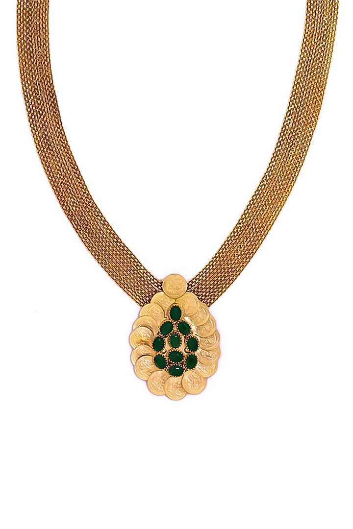 Gold Plated Green Crystal & Coin Long Pendant Necklace by Suhani Pittie at Pernia's Pop Up Shop