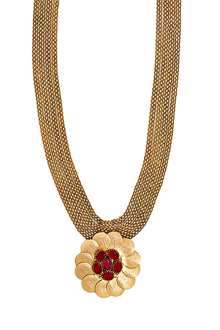 Gold Plated Coin & Red Crystal Temple Pendant Necklace by Suhani Pittie