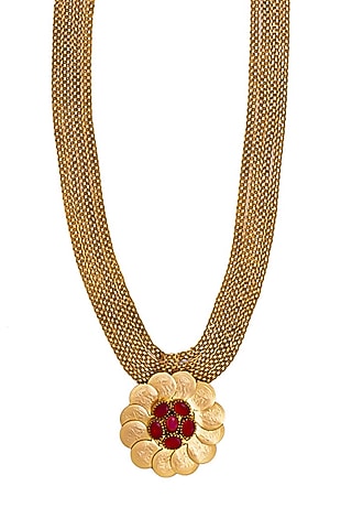 Gold Plated Coin & Red Crystal Temple Pendant Necklace by Suhani Pittie