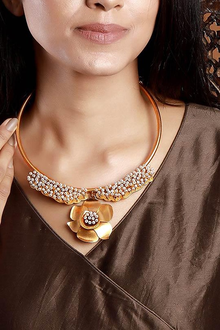 Gold Plated Pearl & Buttercup Motif Collar Necklace by Suhani Pittie at Pernia's Pop Up Shop