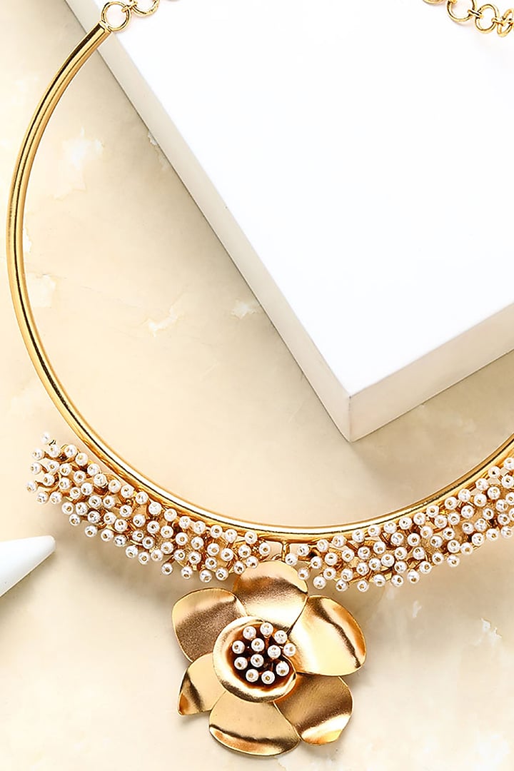 Gold Plated Pearl & Buttercup Motif Collar Necklace by Suhani Pittie at Pernia's Pop Up Shop