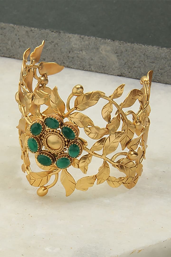 Gold Plated Green Crystal Broad Cuff by Suhani Pittie at Pernia's Pop Up Shop