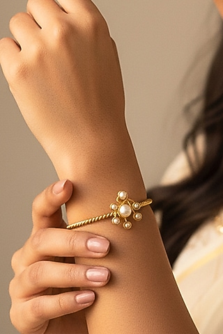 Gold Plated Pearl Cluster Cuff Bangle by Suhani Pittie