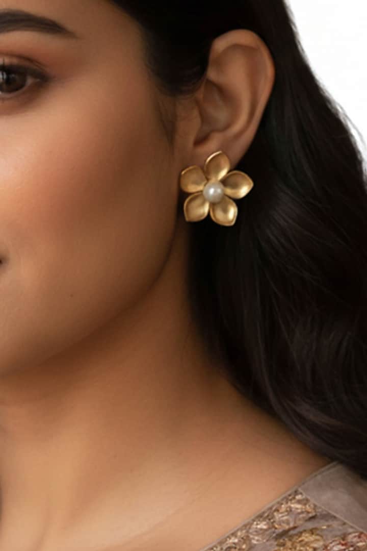 Gold Plated Handcrafted Floral Stud Earrings by Suhani Pittie at Pernia's Pop Up Shop
