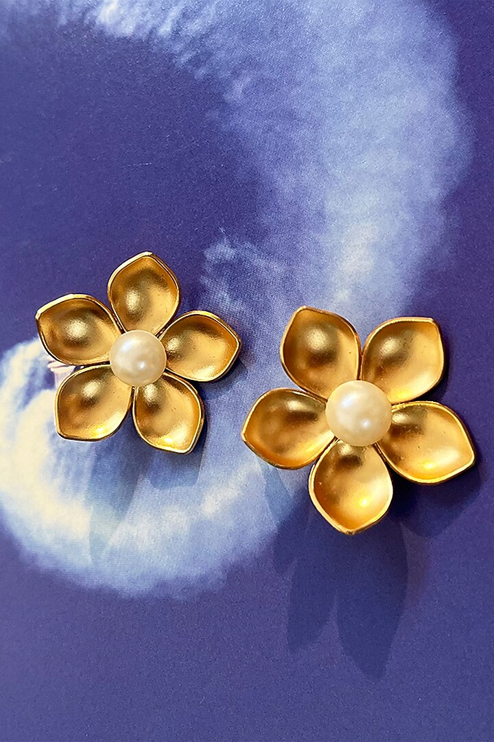Gold Plated Handcrafted Floral Stud Earrings by Suhani Pittie at Pernia's Pop Up Shop