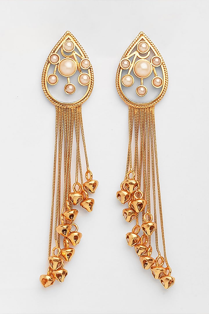 Gold Plated Pearl Cluster & Ghungroo Tassel Chain Earrings by Suhani Pittie at Pernia's Pop Up Shop