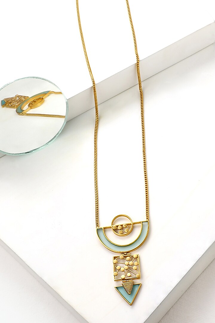 Gold Plated Blue Acrylic Work Semi-Circular Pendant Necklace by Suhani Pittie at Pernia's Pop Up Shop