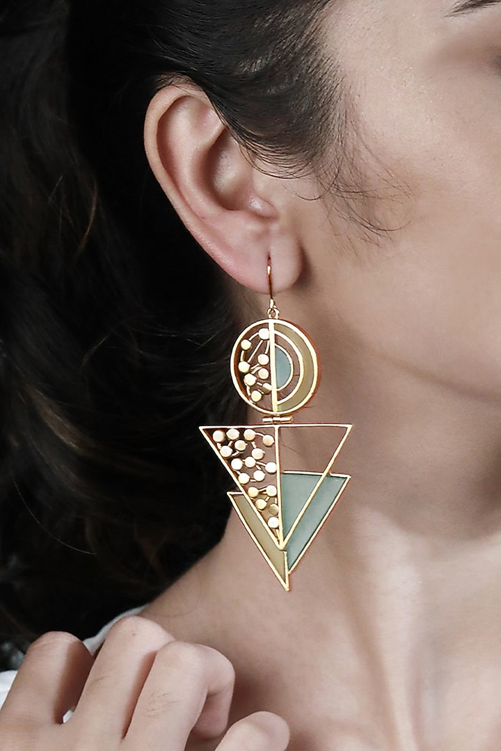 Gold Plated Dotted Acrylic Work Circular & Triangular Drop Earrings by Suhani Pittie at Pernia's Pop Up Shop