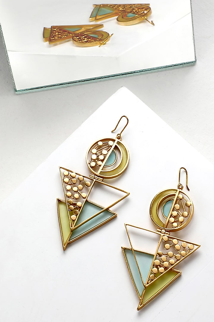 Gold Plated Dotted Acrylic Work Circular & Triangular Drop Earrings by Suhani Pittie at Pernia's Pop Up Shop