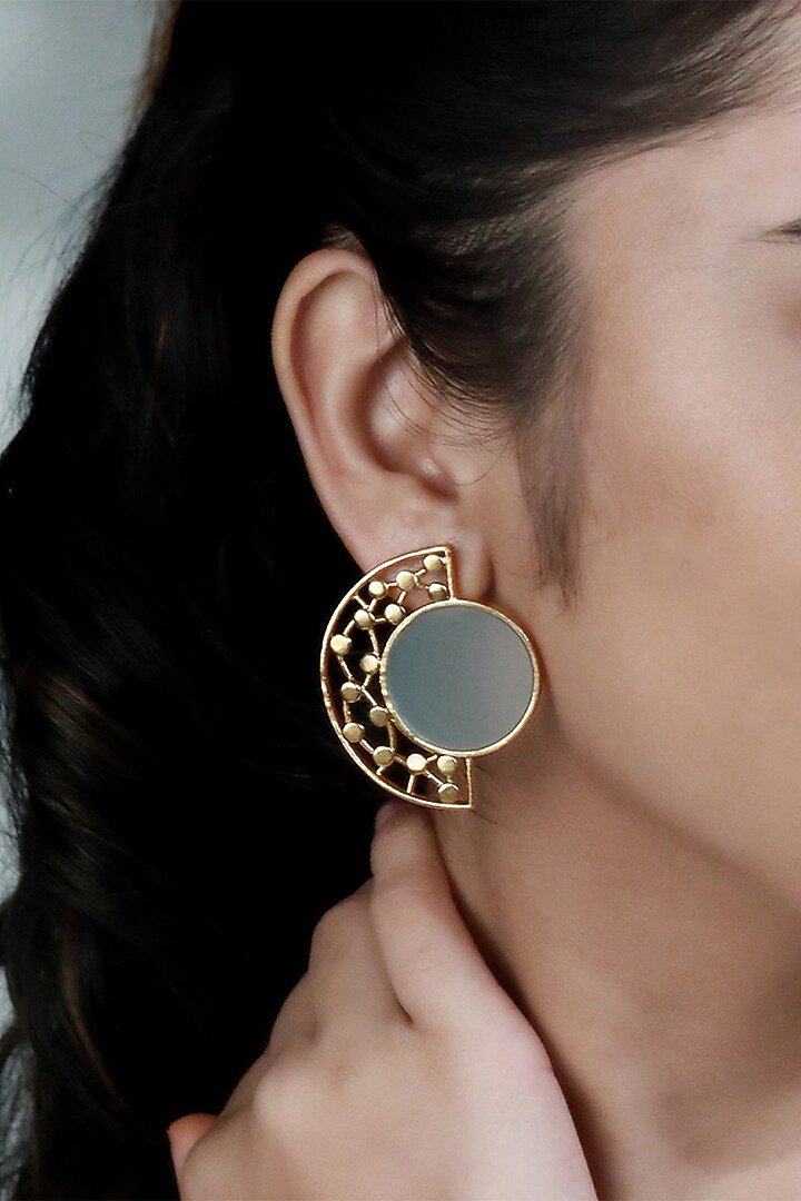 Gold Plated Cyan Blue Acrylic Work Circular Arc Earrings by Suhani Pittie at Pernia's Pop Up Shop