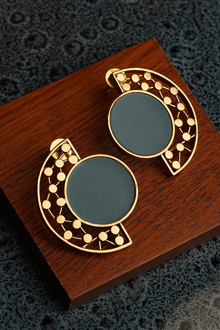 Gold Plated Cyan Blue Acrylic Work Circular Arc Earrings by Suhani Pittie at Pernia's Pop Up Shop